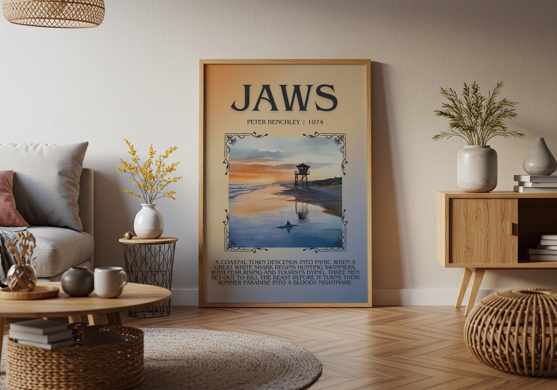 Jaws by Peter Benchley Descriptive, High Quality Poster Print.Free Delivery Wall Art. Author&Blurb Book Artwork Novel Nook Library Gift