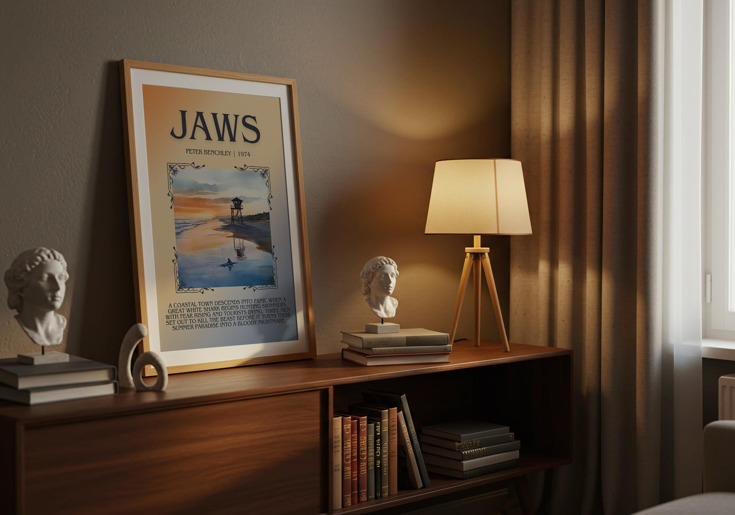 Jaws by Peter Benchley Descriptive, High Quality Poster Print.Free Delivery Wall Art. Author&Blurb Book Artwork Novel Nook Library Gift