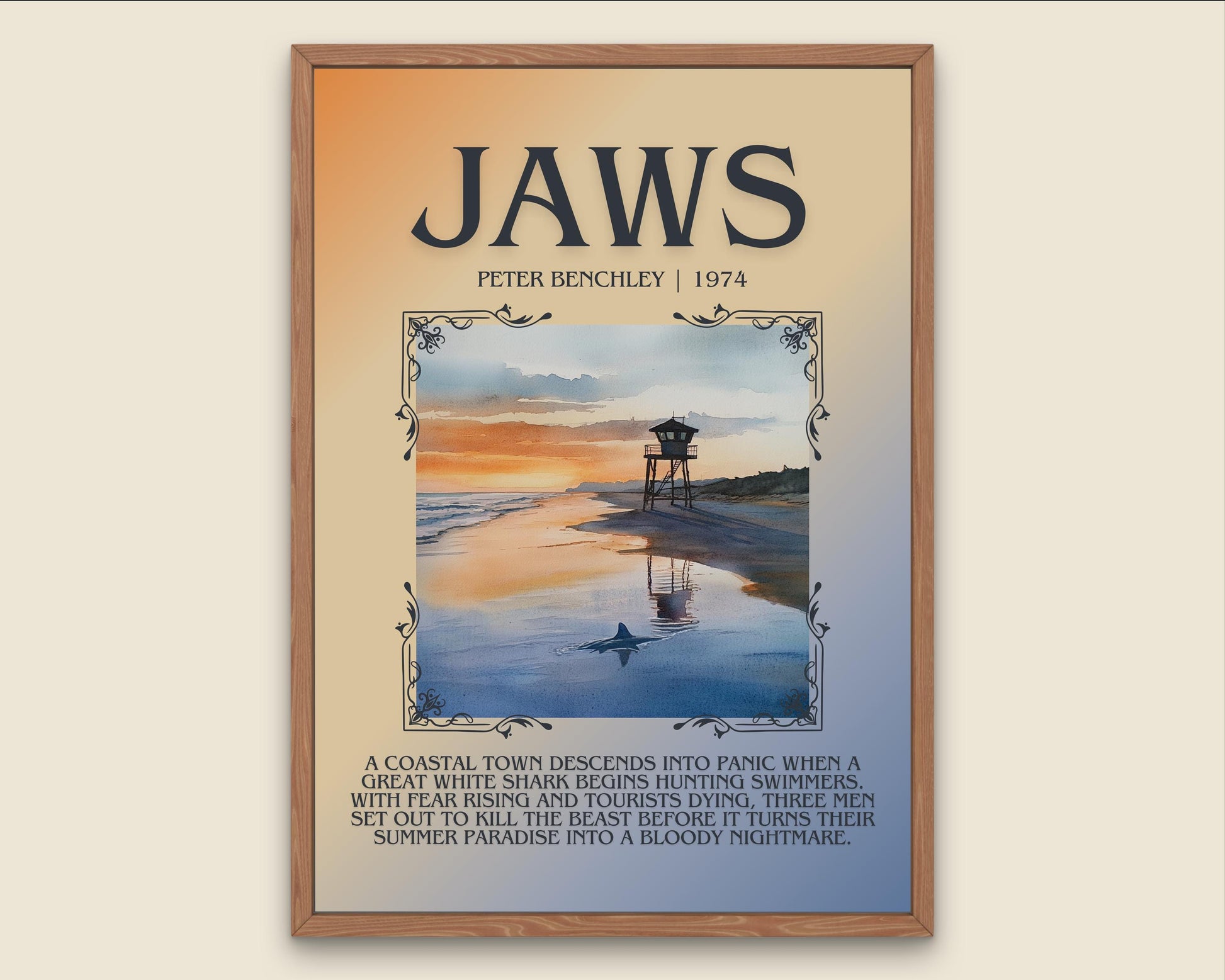 Jaws by Peter Benchley Descriptive, High Quality Poster Print.Free Delivery Wall Art. Author&Blurb Book Artwork Novel Nook Library Gift