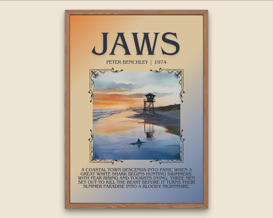 Jaws by Peter Benchley Descriptive, High Quality Poster Print.Free Delivery Wall Art. Author&Blurb Book Artwork Novel Nook Library Gift