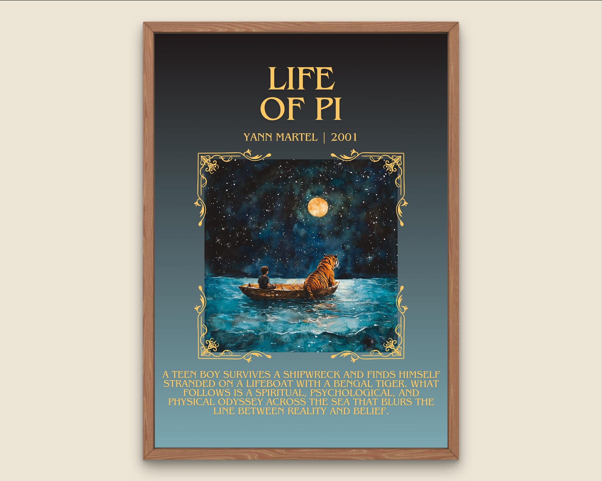 Life Of Pi by Yann Martell Descriptive, High Quality Poster Print.Free Delivery Wall Art. Author&Blurb Book Artwork Novel Nook Library Gift