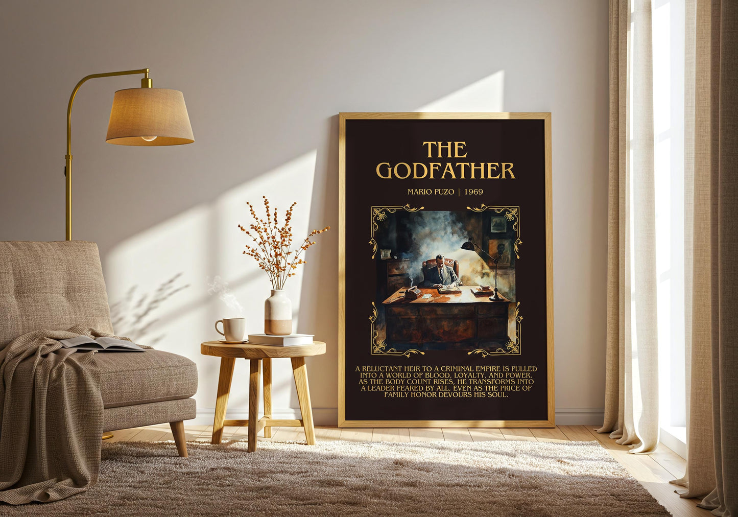 The Godfather by Mario Puzo Descriptive, High Quality Poster Print.Free Delivery Wall Art. Author&Blurb Book Library Nook Gift Movie