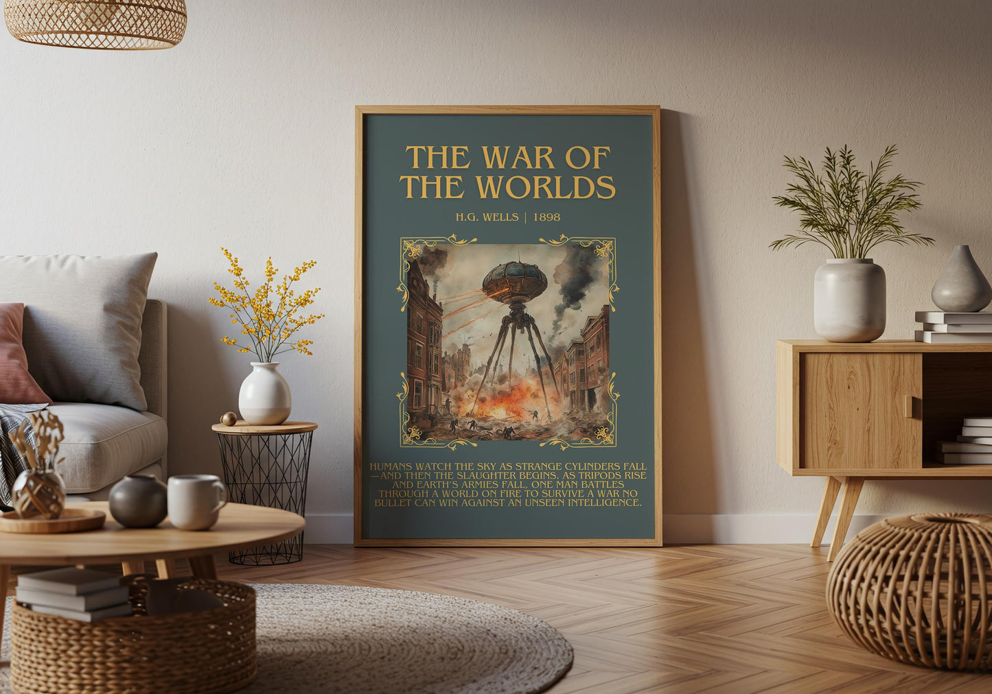 The War Of The Worlds by H.G. Wells Descriptive, High Quality Poster Print.Free Delivery Wall Art. Author&Blurb Book Library Nook Gift