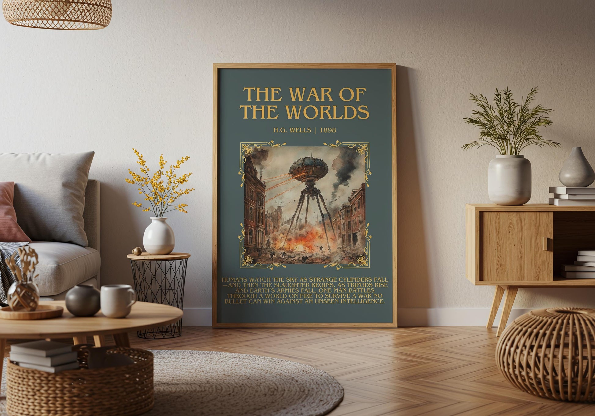 The War Of The Worlds by H.G. Wells Descriptive, High Quality Poster Print.Free Delivery Wall Art. Author&Blurb Book Library Nook Gift