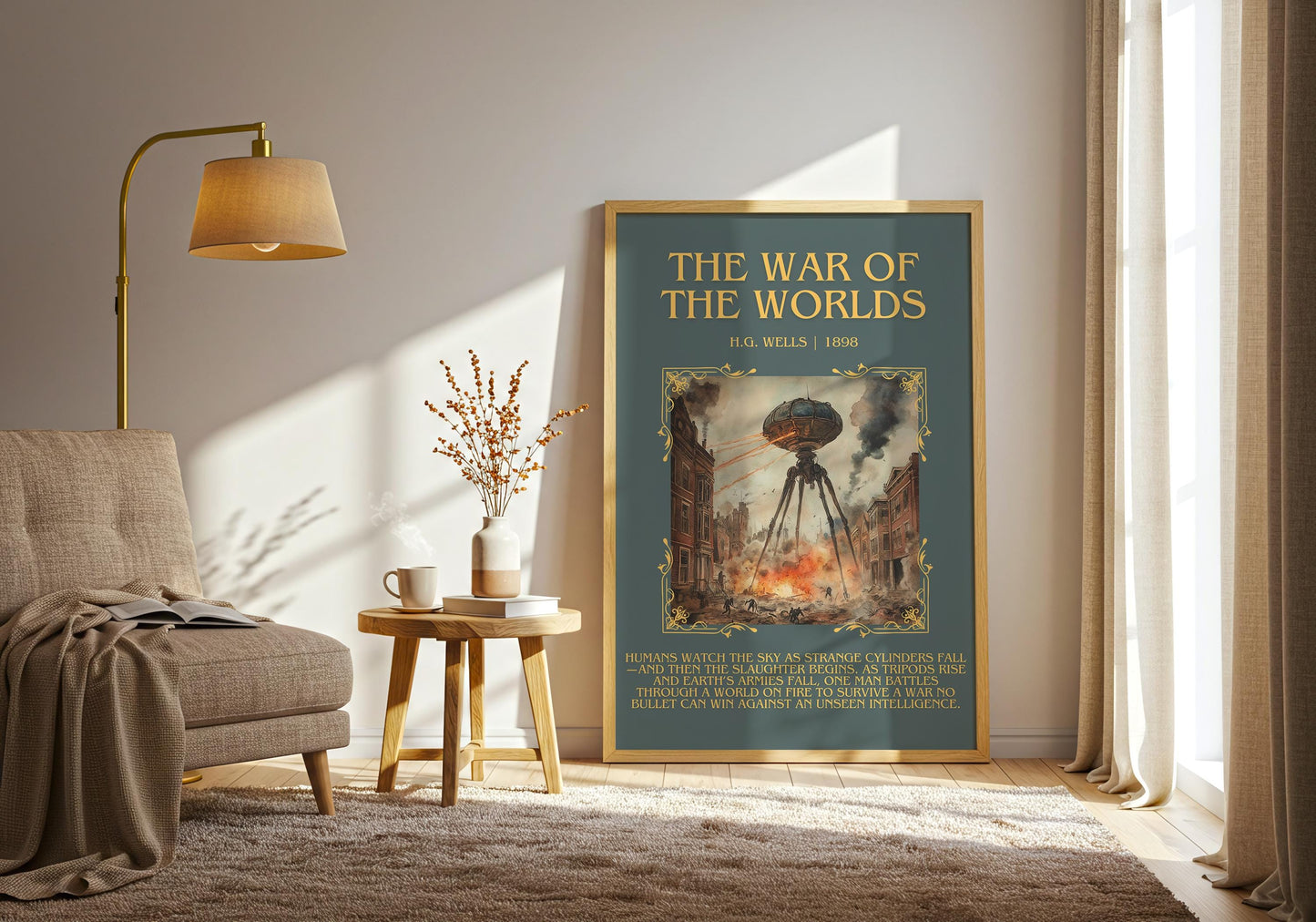 The War Of The Worlds by H.G. Wells Descriptive, High Quality Poster Print.Free Delivery Wall Art. Author&Blurb Book Library Nook Gift