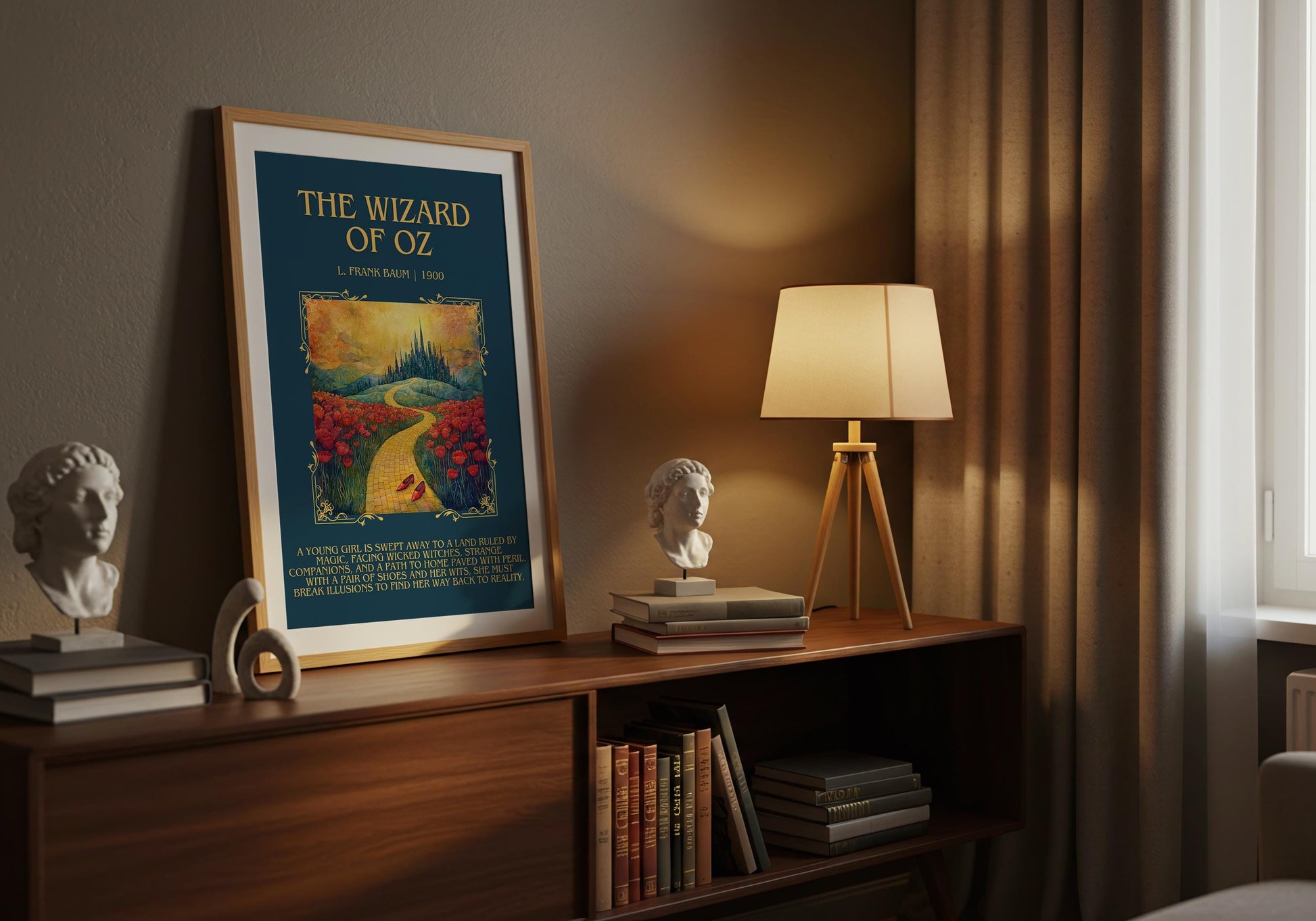 The Wizard Of Oz by L. Frank Baum Descriptive, High Quality Poster Print.Free Delivery Wall Art. Author&Blurb Book Library Nook Movie