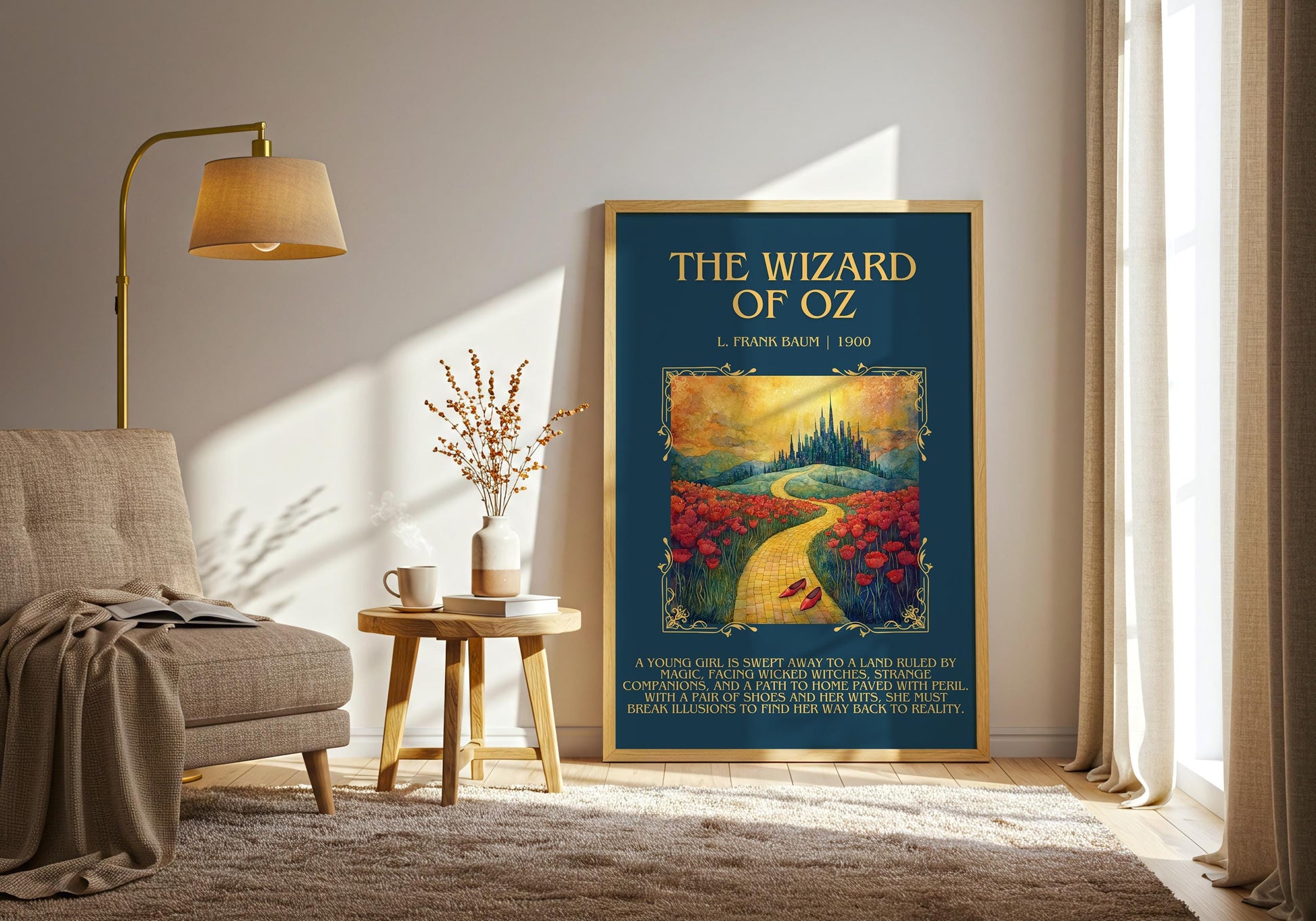 The Wizard Of Oz by L. Frank Baum Descriptive, High Quality Poster Print.Free Delivery Wall Art. Author&Blurb Book Library Nook Movie