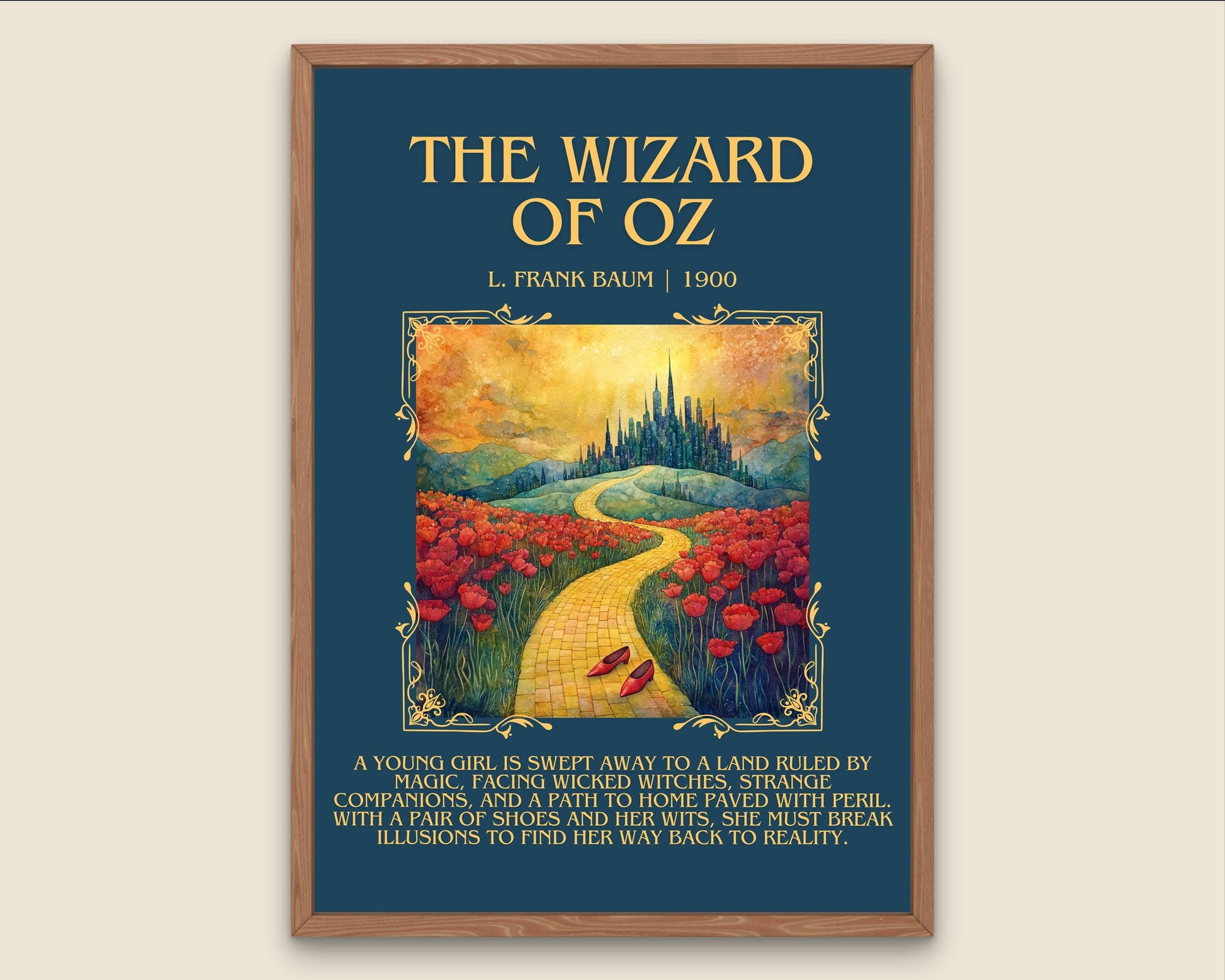 The Wizard Of Oz by L. Frank Baum Descriptive, High Quality Poster Print.Free Delivery Wall Art. Author&Blurb Book Library Nook Movie