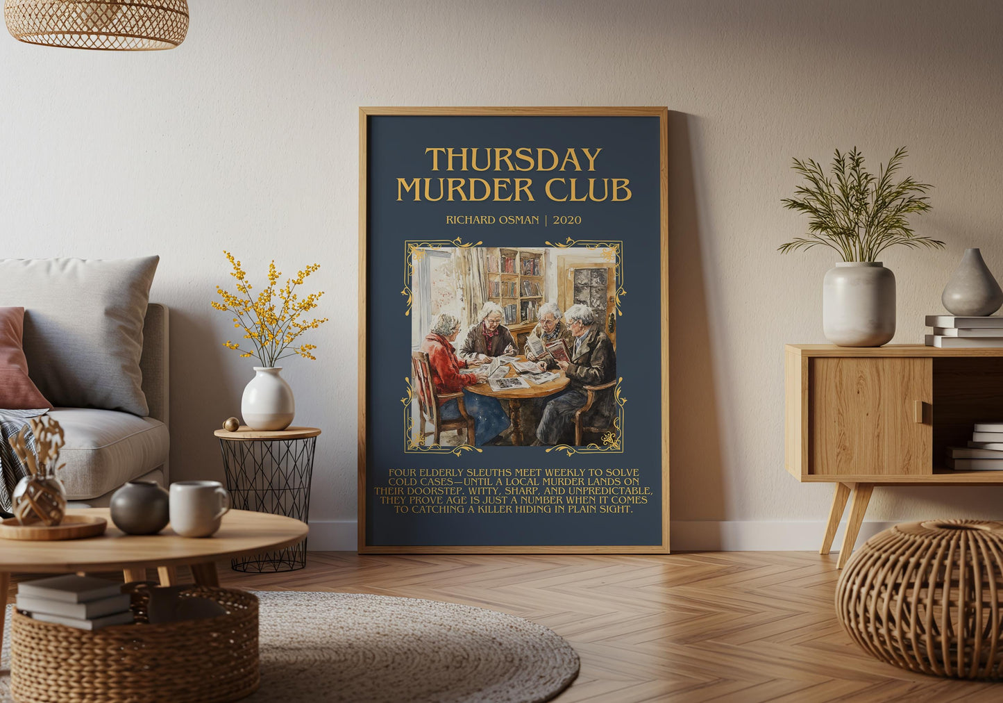 Thursday Murder Club by Richard Osman Descriptive, High Quality Poster Print.Free Delivery Wall Art. Author&Blurb Book Library Nook Gift