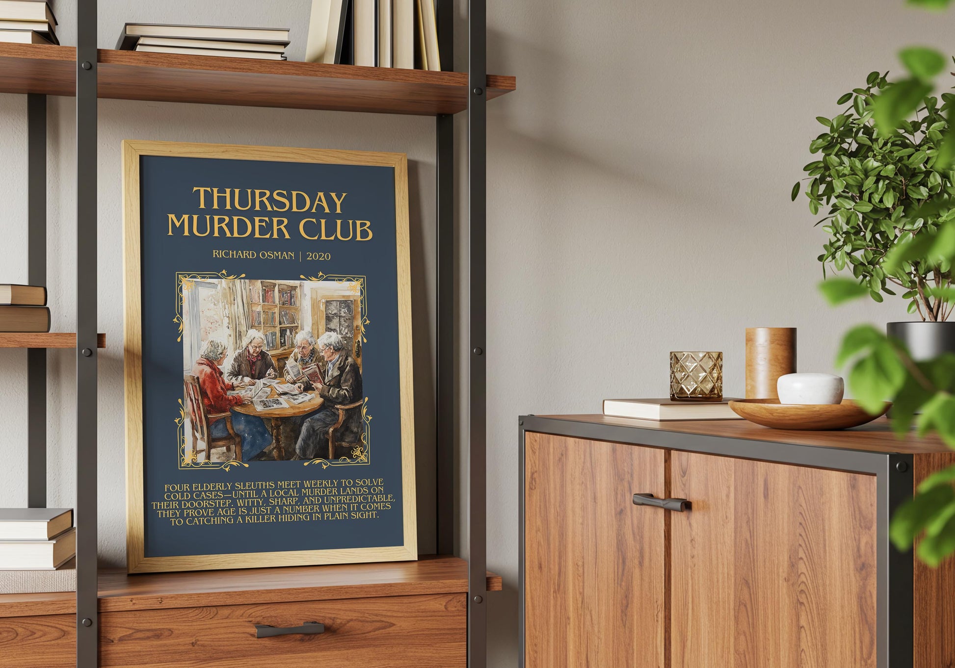 Thursday Murder Club by Richard Osman Descriptive, High Quality Poster Print.Free Delivery Wall Art. Author&Blurb Book Library Nook Gift