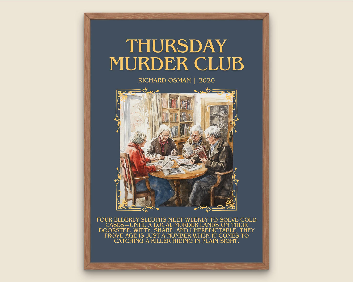 Thursday Murder Club by Richard Osman Descriptive, High Quality Poster Print.Free Delivery Wall Art. Author&Blurb Book Library Nook Gift