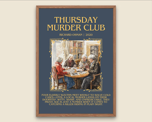 Thursday Murder Club by Richard Osman Descriptive, High Quality Poster Print.Free Delivery Wall Art. Author&Blurb Book Library Nook Gift