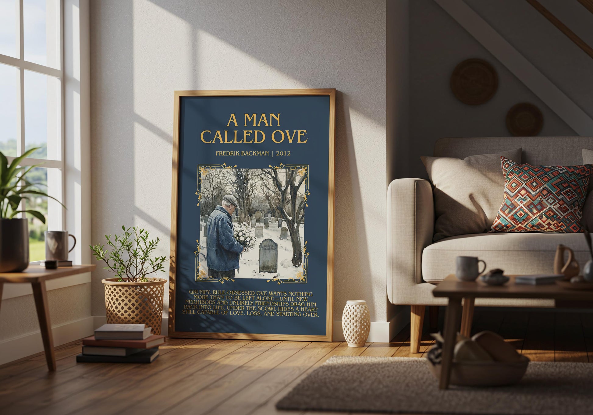 A Man Called Ove by Fredrik Backman Descriptive, High Quality Poster Print.Free Delivery Wall Art. Author&Blurb Book Library Nook Gift