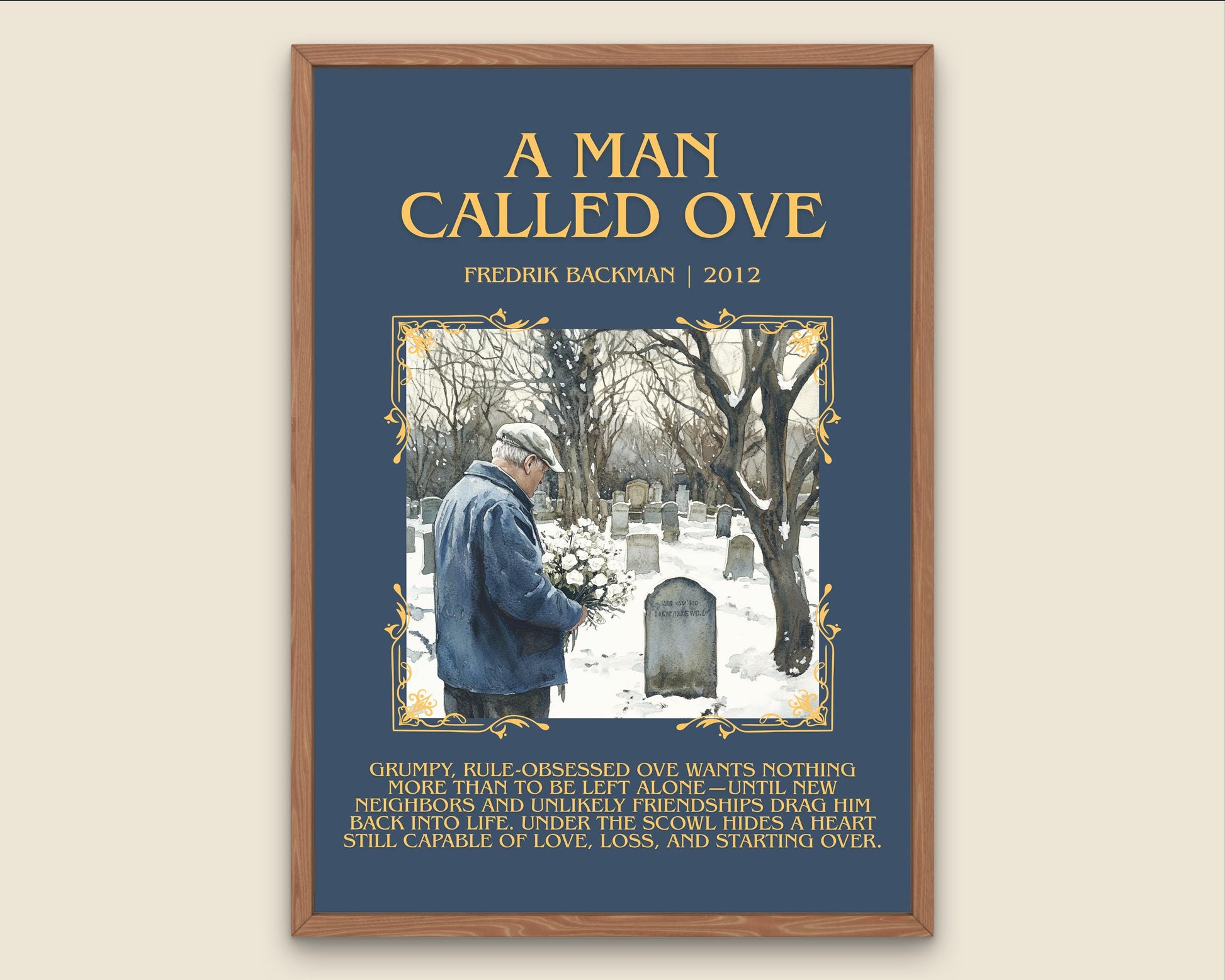 A Man Called Ove by Fredrik Backman Descriptive, High Quality Poster Print.Free Delivery Wall Art. Author&Blurb Book Library Nook Gift
