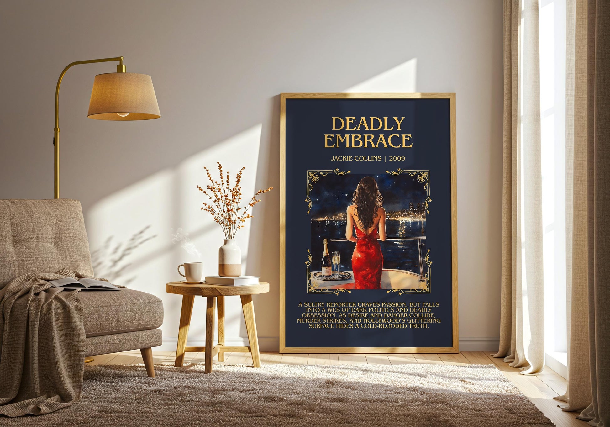 Deadly Embrace by Jackie Collins Descriptive, High Quality Poster Print.Free Delivery Wall Art.Author&Blurb Book Library Nook Gift