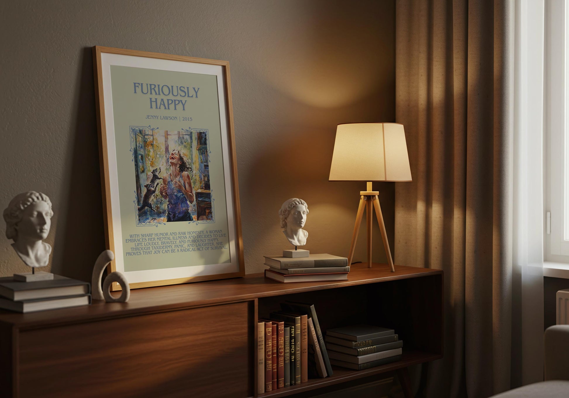 Furiously Happy by Jenny Lawson Descriptive, High Quality Poster Print.Free Delivery Wall Art.Author&Blurb Book Library Nook Gift