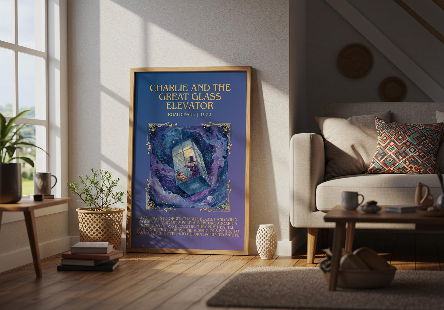 Charlie And The Great Glass Elevator by Roald Dahl Descriptive, High Quality Poster Print.Free Delivery Wall Art.Author&Blurb Book Nook Gift
