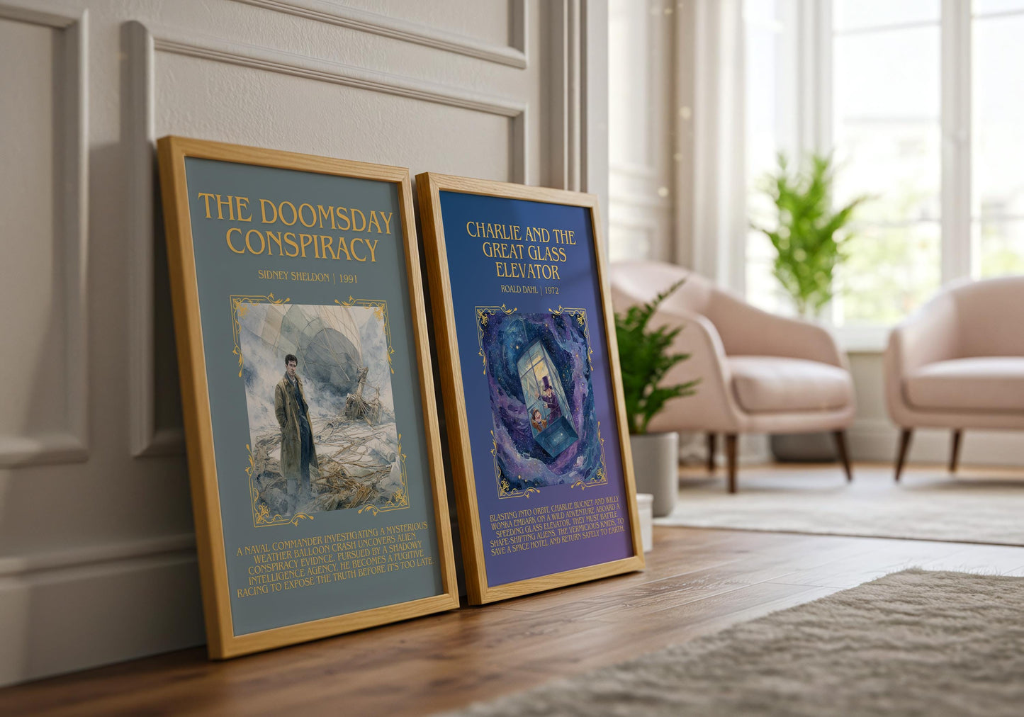 Charlie And The Great Glass Elevator by Roald Dahl Descriptive, High Quality Poster Print.Free Delivery Wall Art.Author&Blurb Book Nook Gift