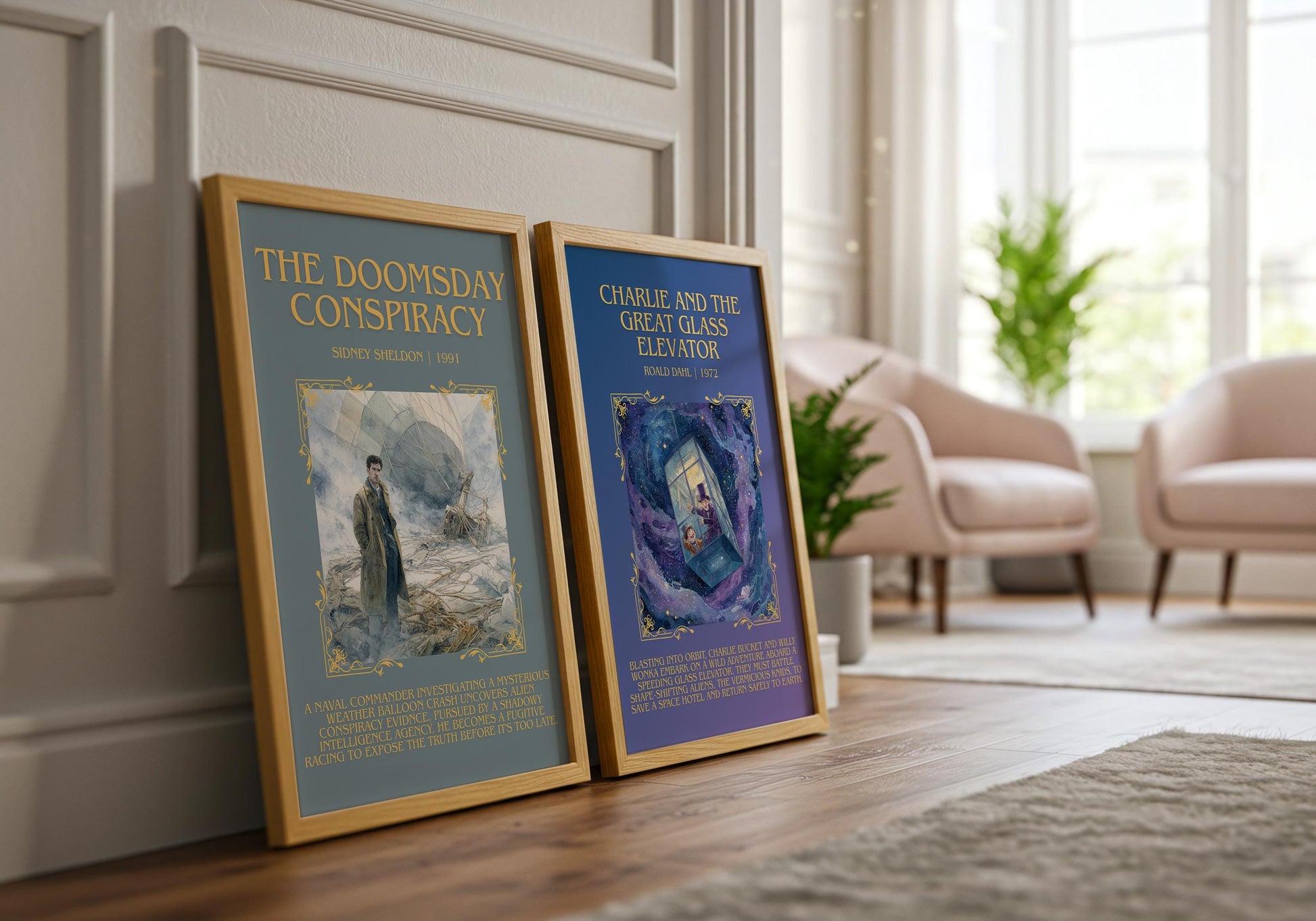 Charlie And The Great Glass Elevator by Roald Dahl Descriptive, High Quality Poster Print.Free Delivery Wall Art.Author&Blurb Book Nook Gift