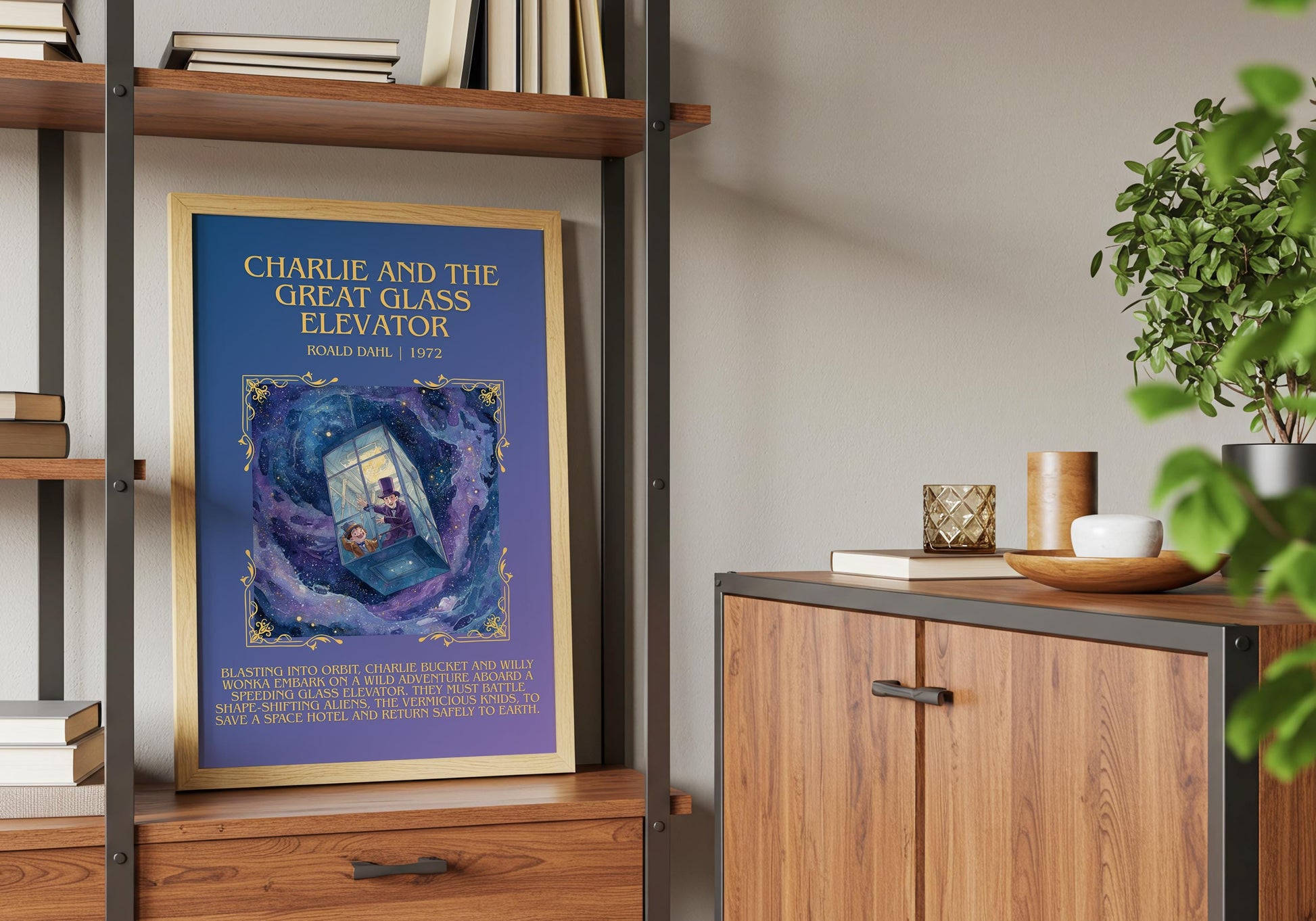 Charlie And The Great Glass Elevator by Roald Dahl Descriptive, High Quality Poster Print.Free Delivery Wall Art.Author&Blurb Book Nook Gift