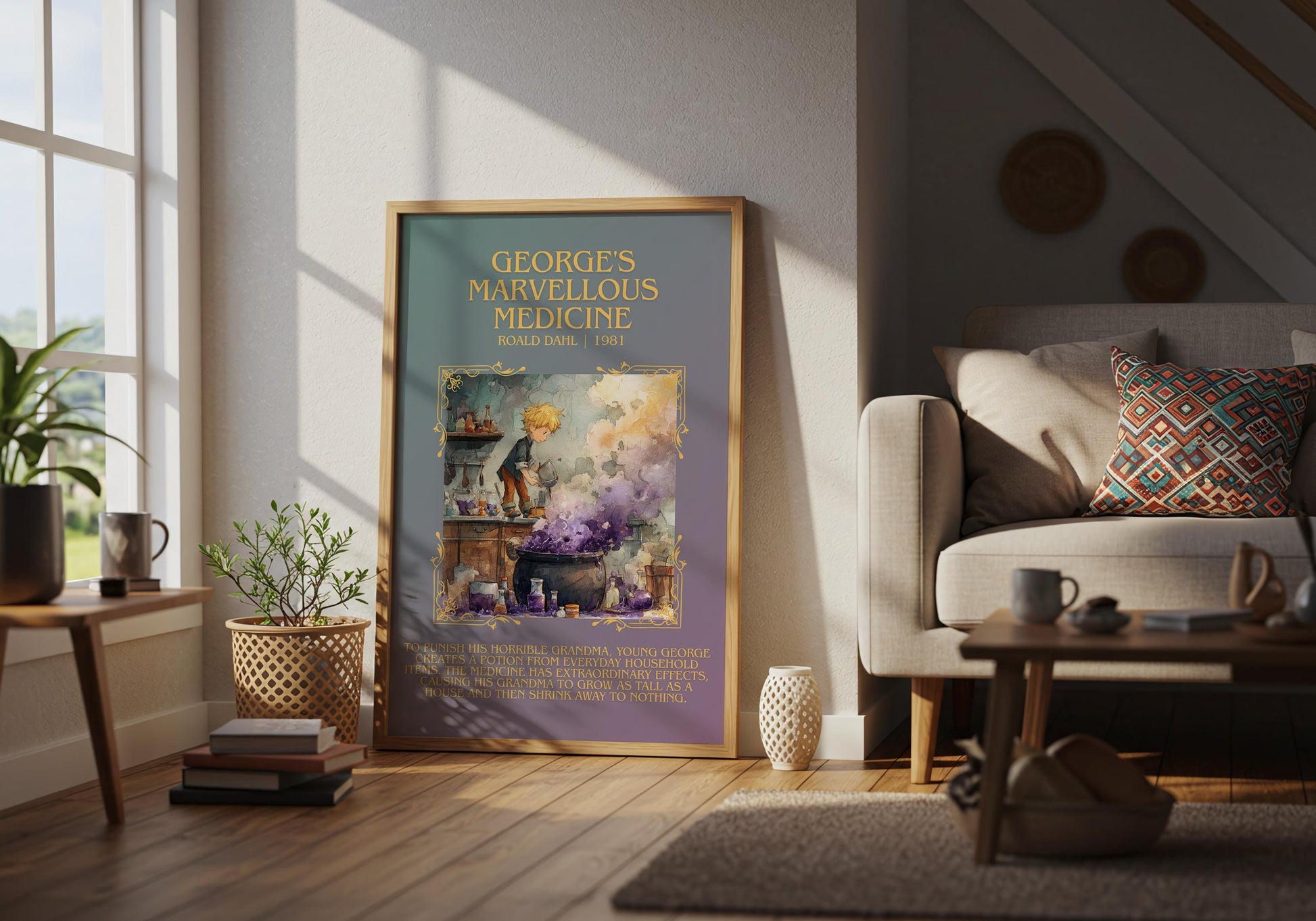 George's Marvellous Medicine by Roald Dahl Descriptive, High Quality Poster Print.Free Delivery Wall Art.Author&Blurb Book Nook Gift Library