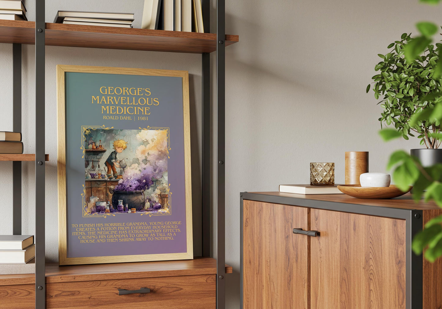 George's Marvellous Medicine by Roald Dahl Descriptive, High Quality Poster Print.Free Delivery Wall Art.Author&Blurb Book Nook Gift Library