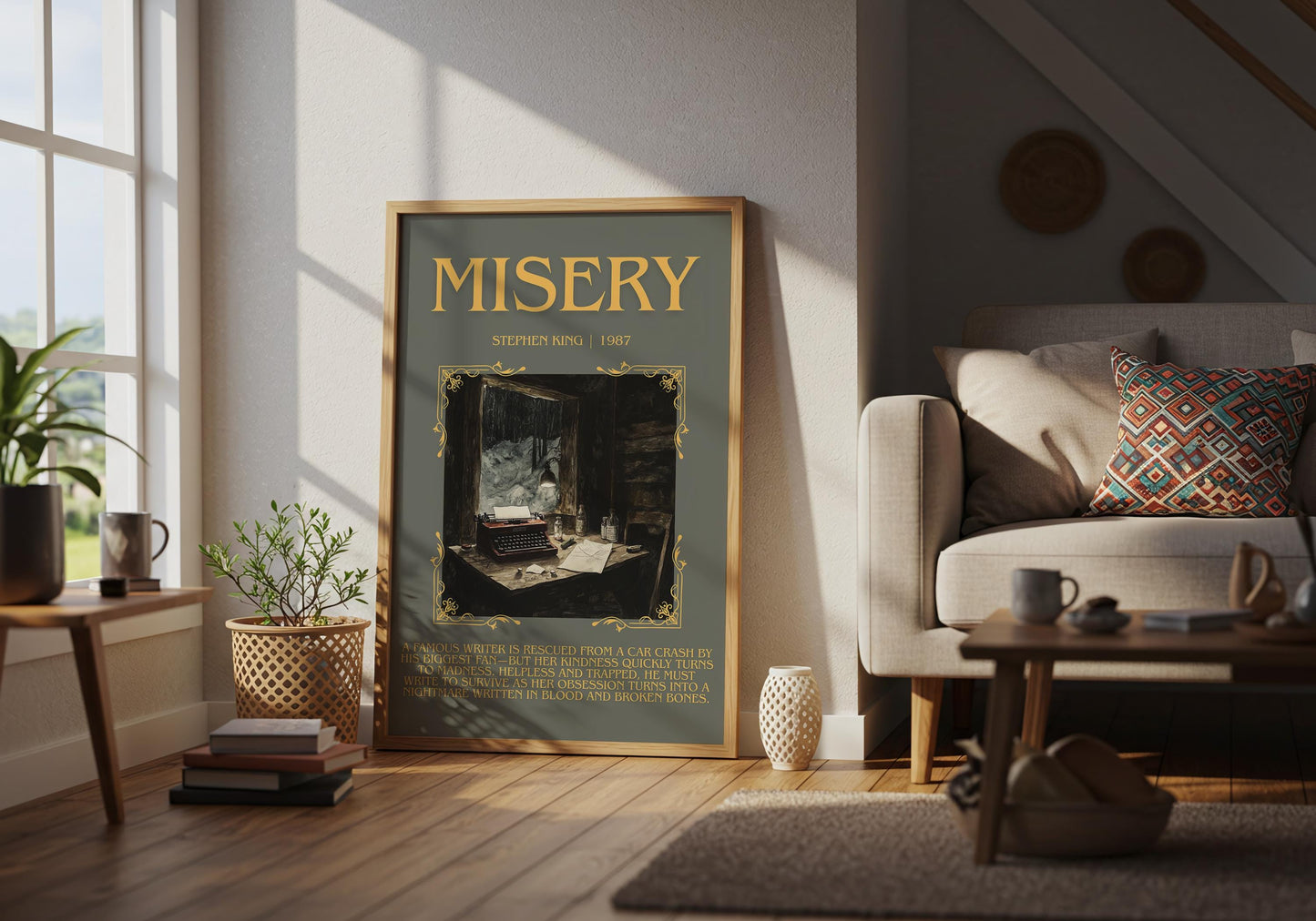 Misery by Stephen King Descriptive, High Quality Poster Print.Free Delivery Wall Art.Author&Blurb Book Library Nook Gift for kids