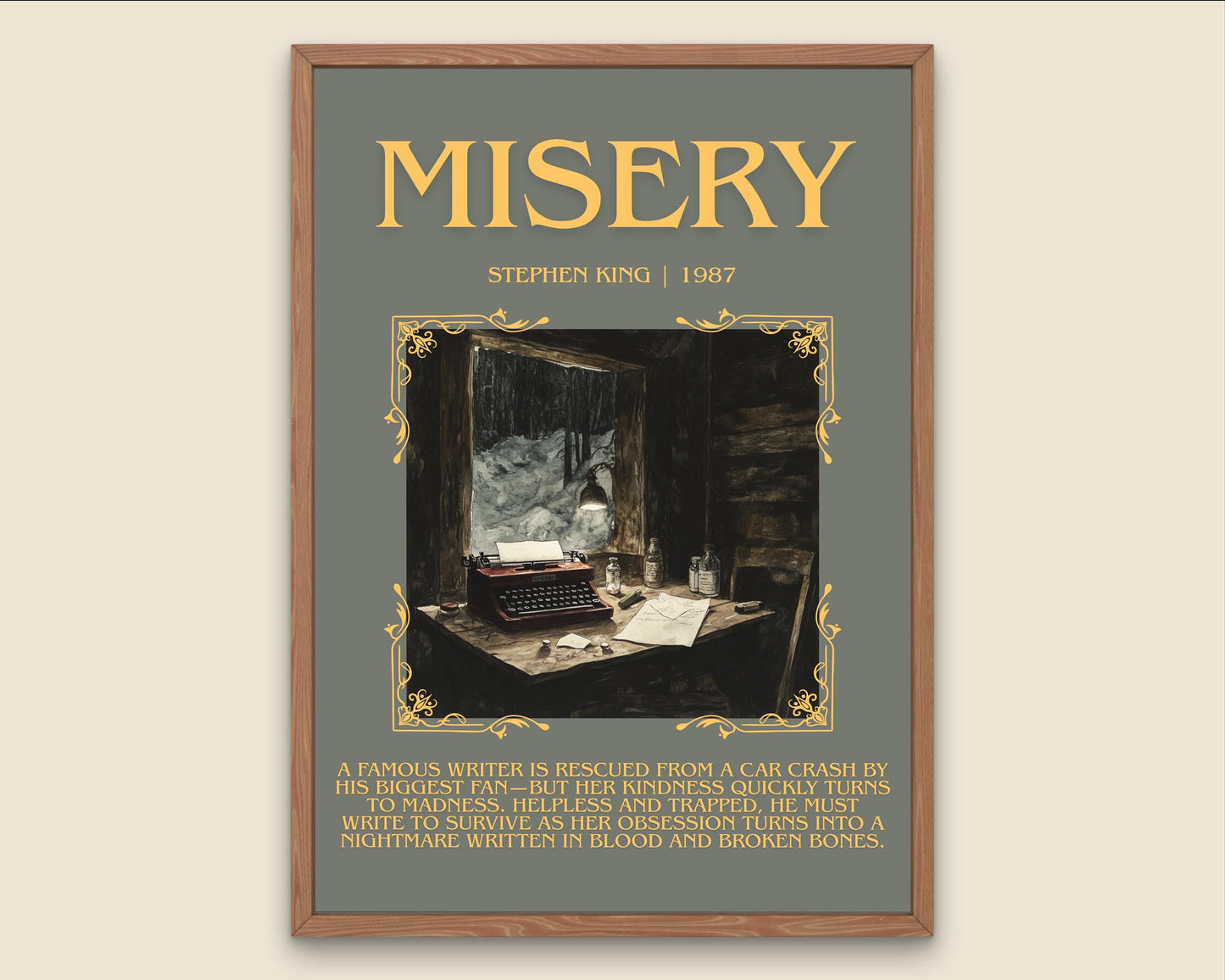Misery by Stephen King Descriptive, High Quality Poster Print.Free Delivery Wall Art.Author&Blurb Book Library Nook Gift for kids