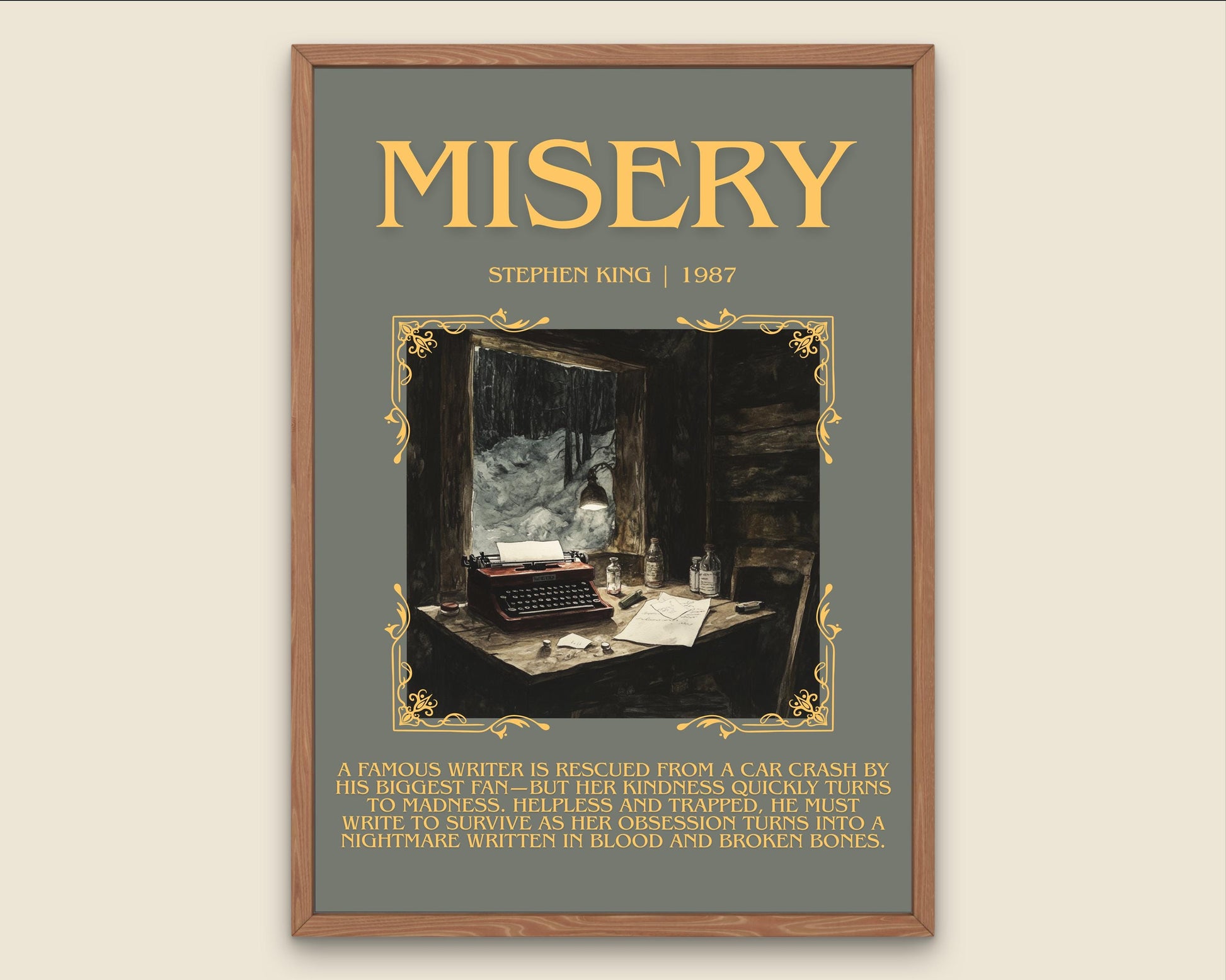 Misery by Stephen King Descriptive, High Quality Poster Print.Free Delivery Wall Art.Author&Blurb Book Library Nook Gift for kids