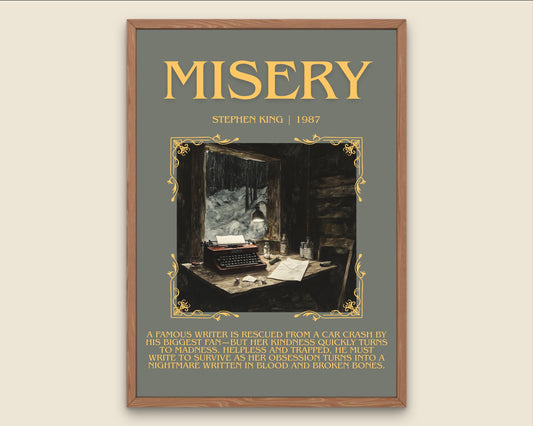 Misery by Stephen King Descriptive, High Quality Poster Print.Free Delivery Wall Art.Author&Blurb Book Library Nook Gift for kids