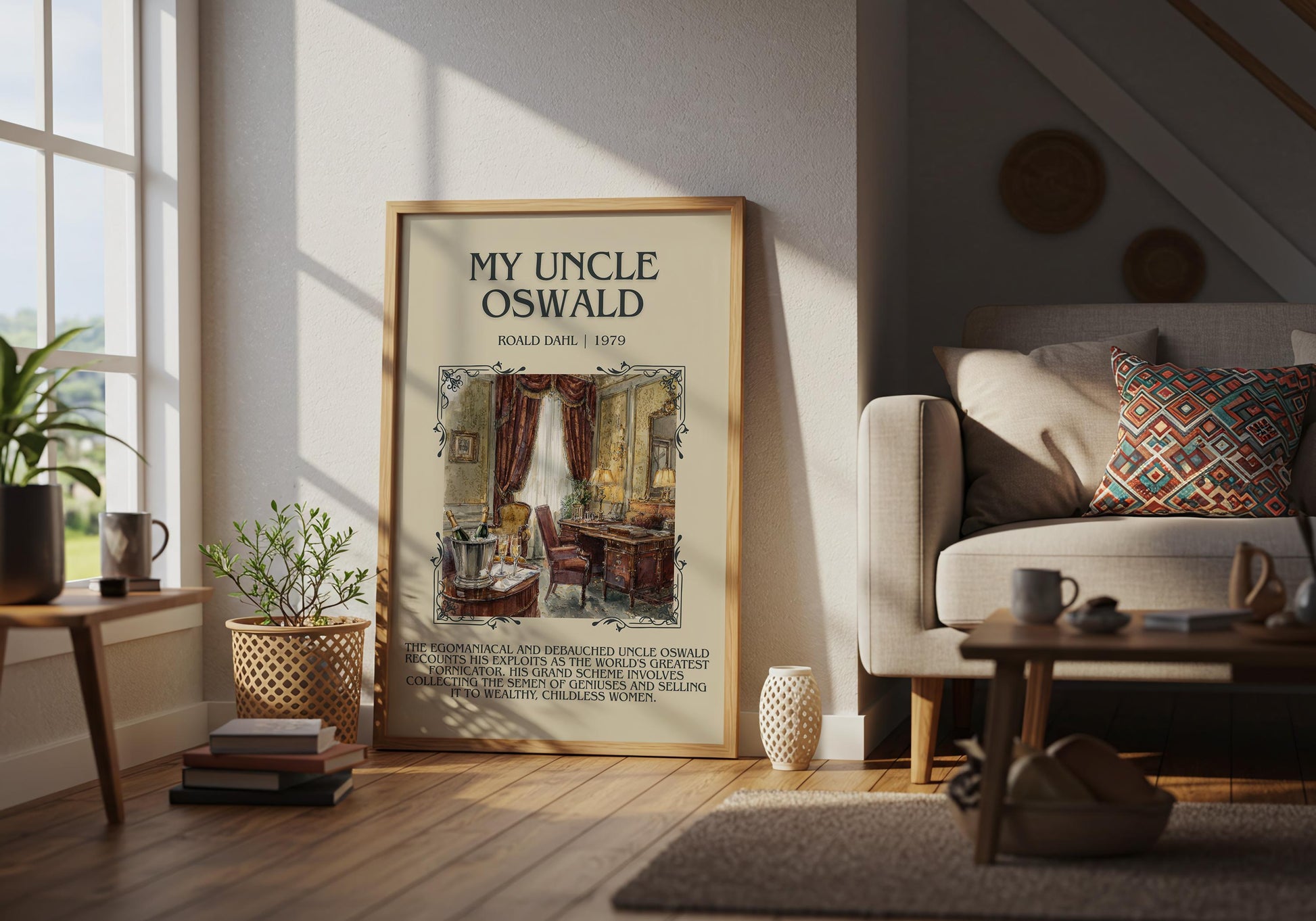 My Uncle Oswald by Roald Dahl Descriptive, High Quality Poster Print.Free Delivery Wall Art.Author&Blurb Book Nook Gift Library