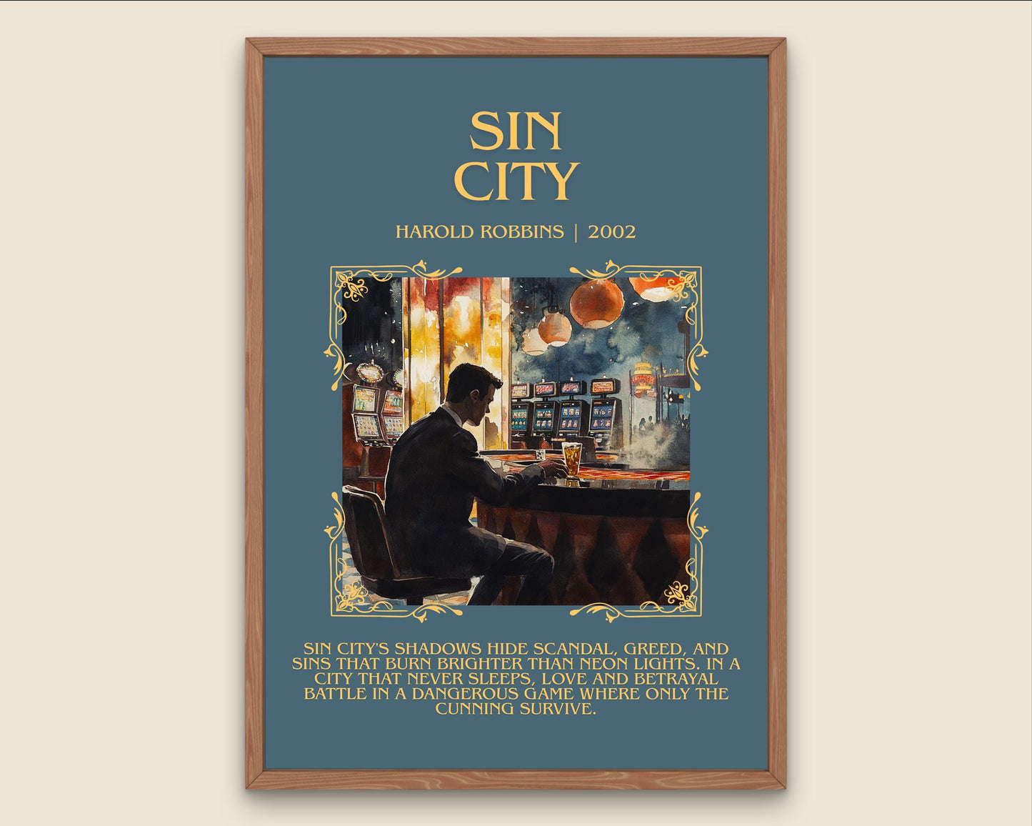 Sin City by Harold Robbins Descriptive, High Quality Poster Print.Free Delivery Wall Art.Author&Blurb Book Nook Gift Library