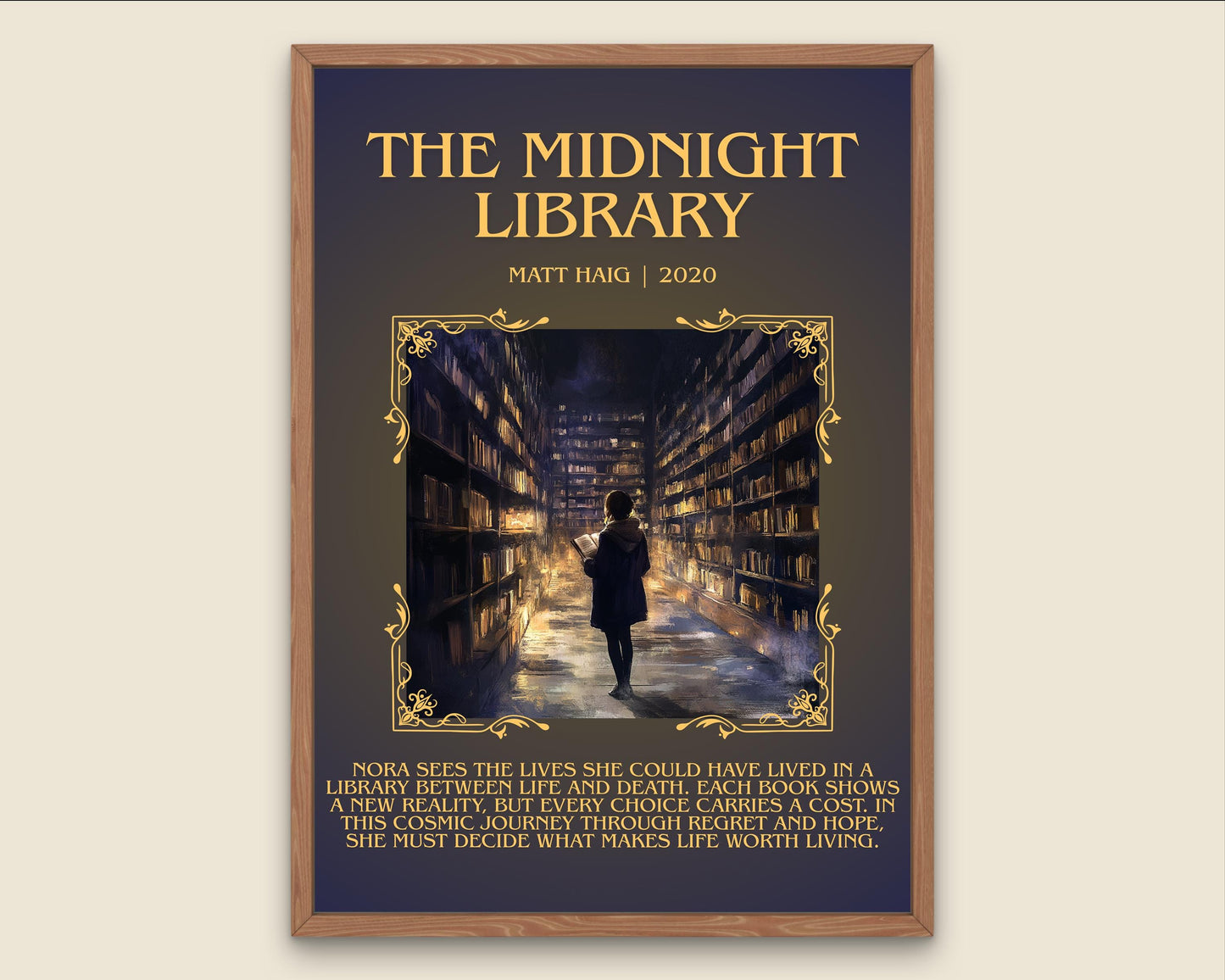 The Midnight Library by Matt Haig Descriptive, High Quality Poster Print.Free Delivery Wall Art.Author&Blurb Book Nook Gift Library