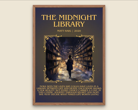 The Midnight Library by Matt Haig Descriptive, High Quality Poster Print.Free Delivery Wall Art.Author&Blurb Book Nook Gift Library