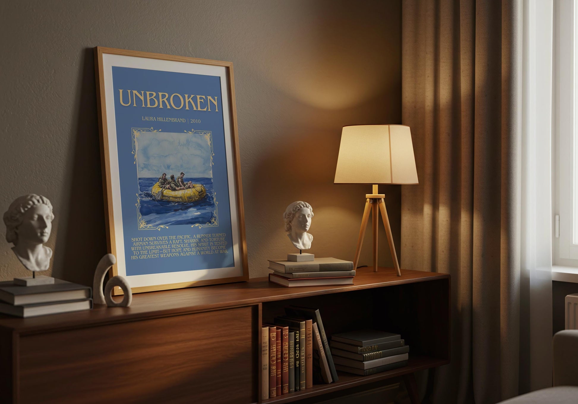 Unbroken by Laura Hillenbrand Descriptive, High Quality Poster Print.Free Delivery Wall Art.Author&Blurb Book Nook Gift Library