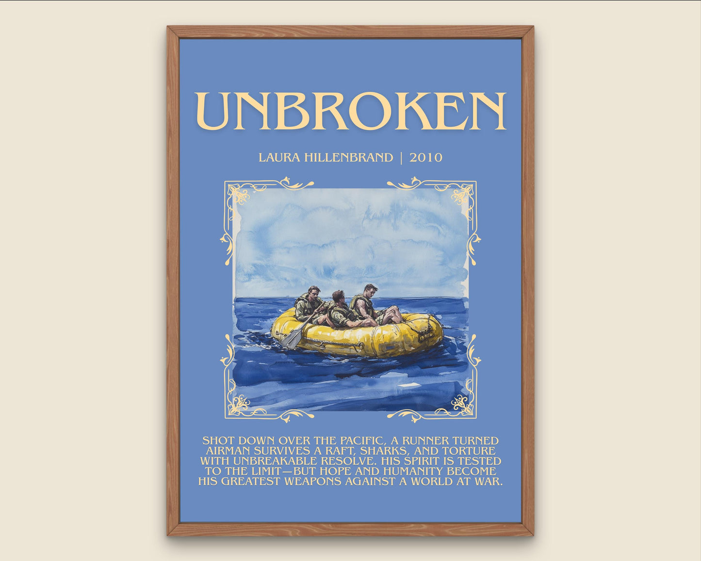 Unbroken by Laura Hillenbrand Descriptive, High Quality Poster Print.Free Delivery Wall Art.Author&Blurb Book Nook Gift Library
