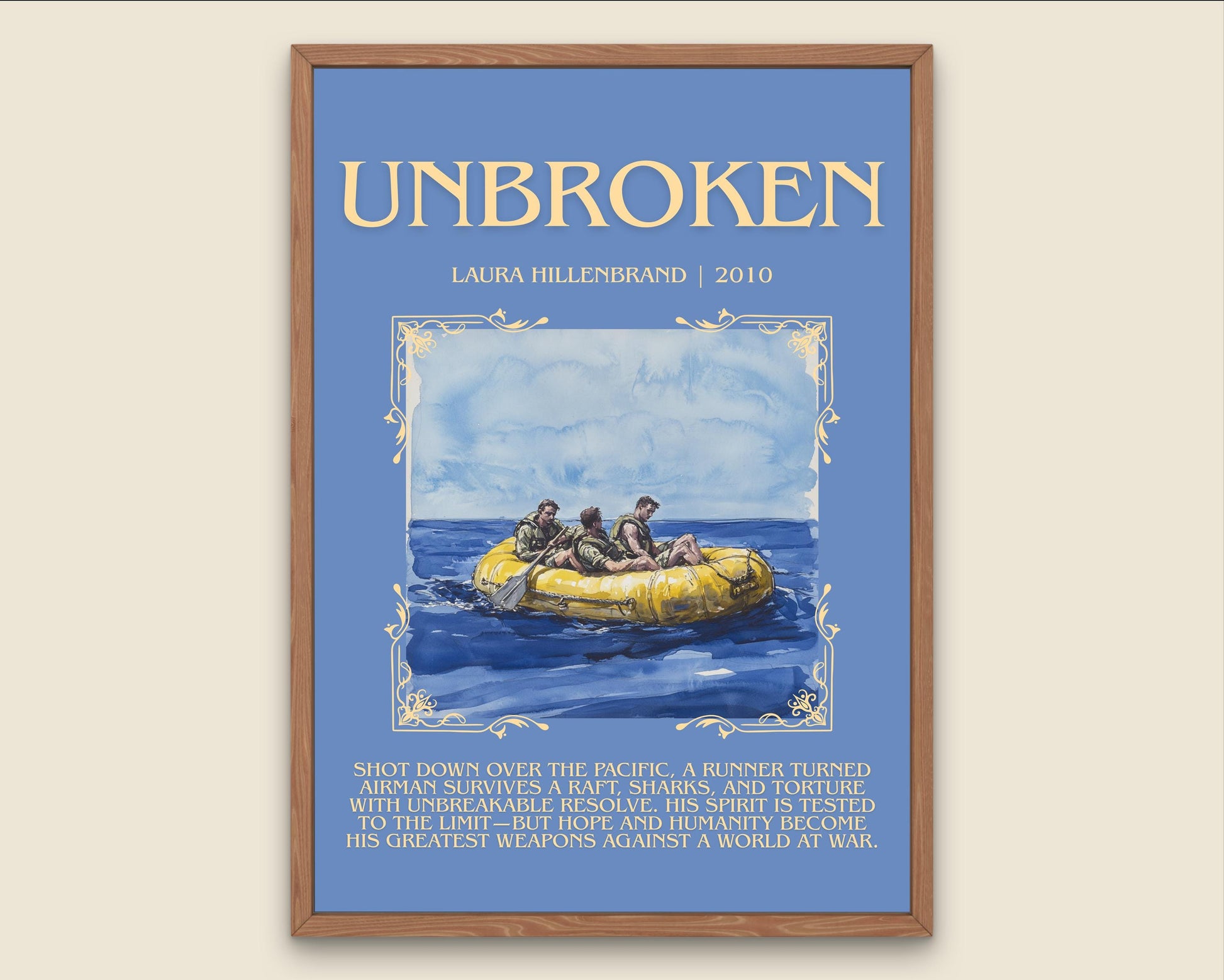 Unbroken by Laura Hillenbrand Descriptive, High Quality Poster Print.Free Delivery Wall Art.Author&Blurb Book Nook Gift Library