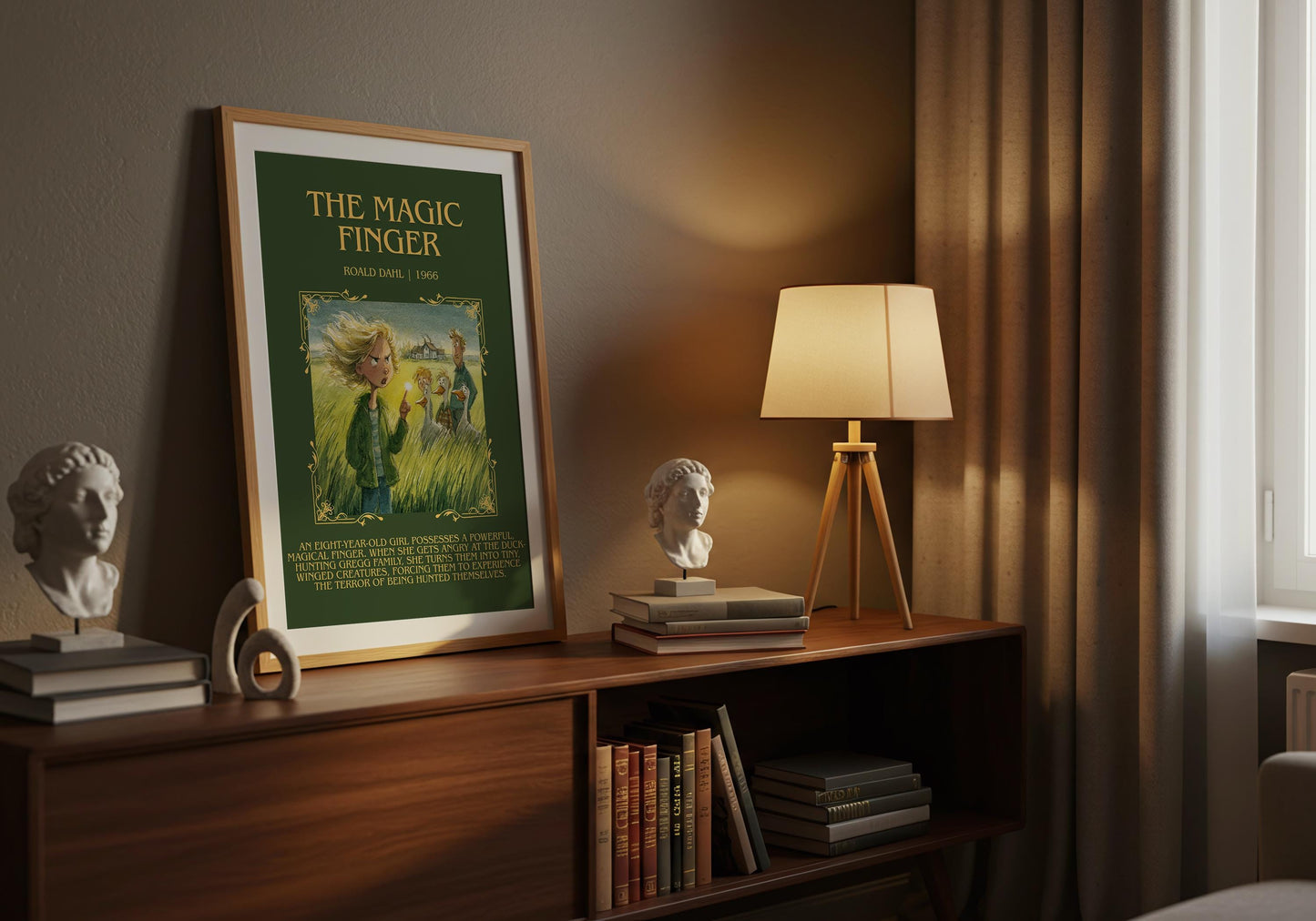 The Magic Finger by Roald Dahl Descriptive, High Quality Poster Print.Free Delivery Wall Art.Author&Blurb Book Nook Gift Library Kids Book