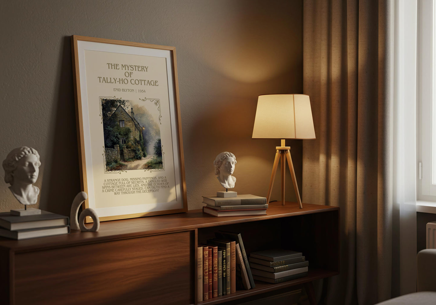 The Mystery Of Tally-Ho Cottage by Enid Blyton Descriptive, High Quality Poster Print.Free Delivery Wall Art.Author&Blurb Book Nook Gift