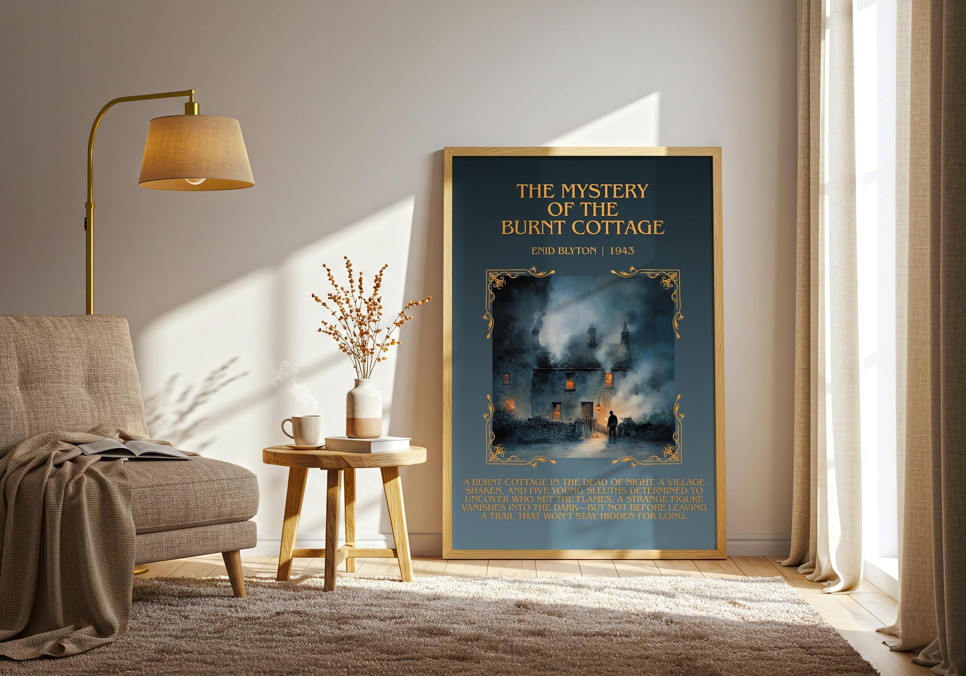The Mystery Of The Burnt Cottage by Enid Blyton Descriptive, High Quality Poster Print.Free Delivery Wall Art.Author&Blurb Book Nook Gift