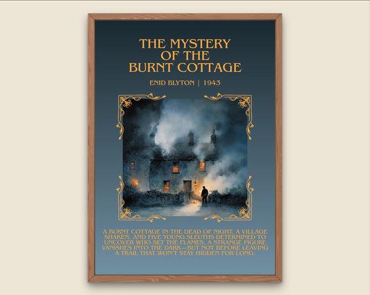 The Mystery Of The Burnt Cottage by Enid Blyton Descriptive, High Quality Poster Print.Free Delivery Wall Art.Author&Blurb Book Nook Gift