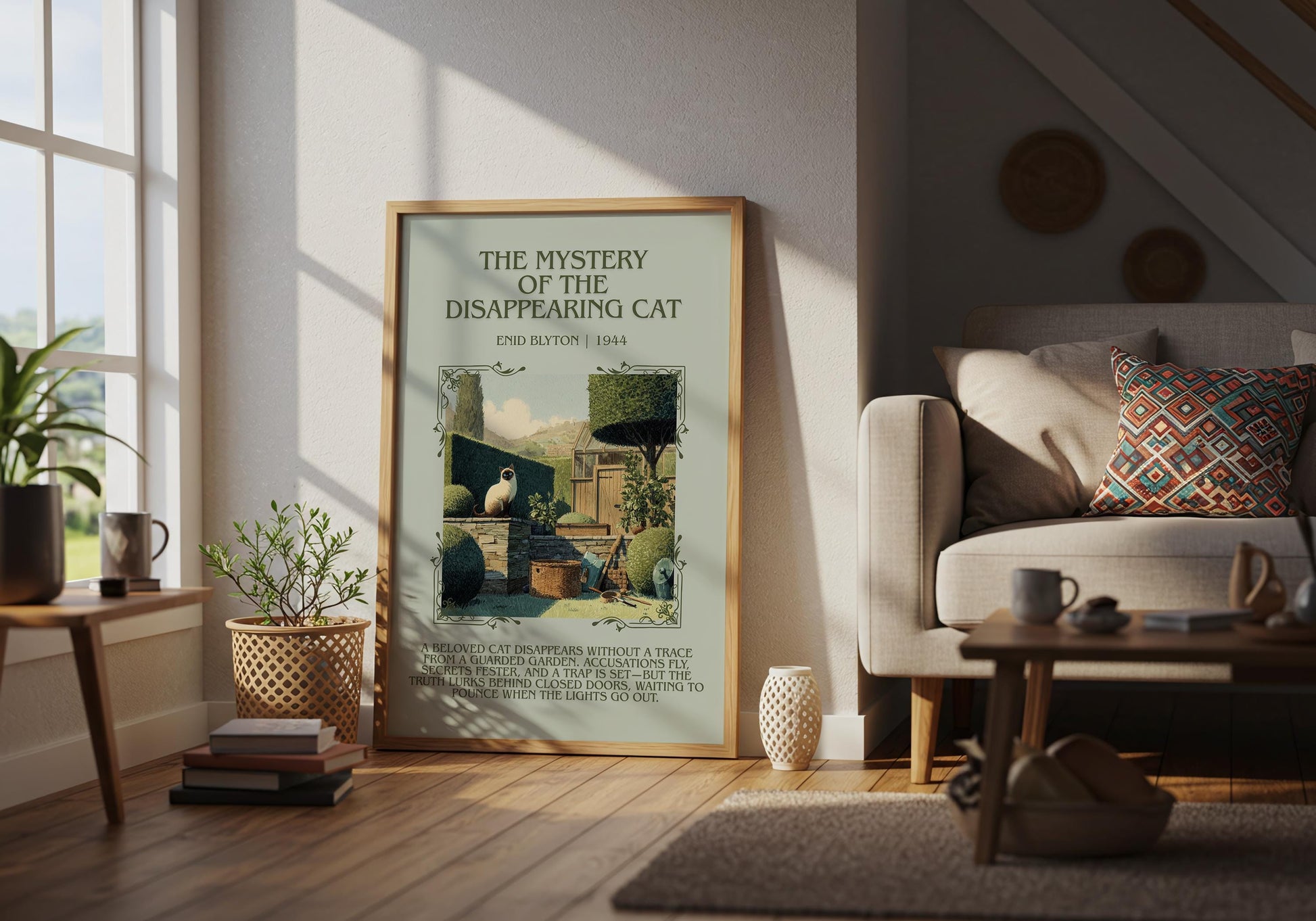 The Mystery Of The Disappearing Cat by Enid Blyton Descriptive, High Quality Poster Print.Free Delivery Wall Art.Author&Blurb Book Nook Gift