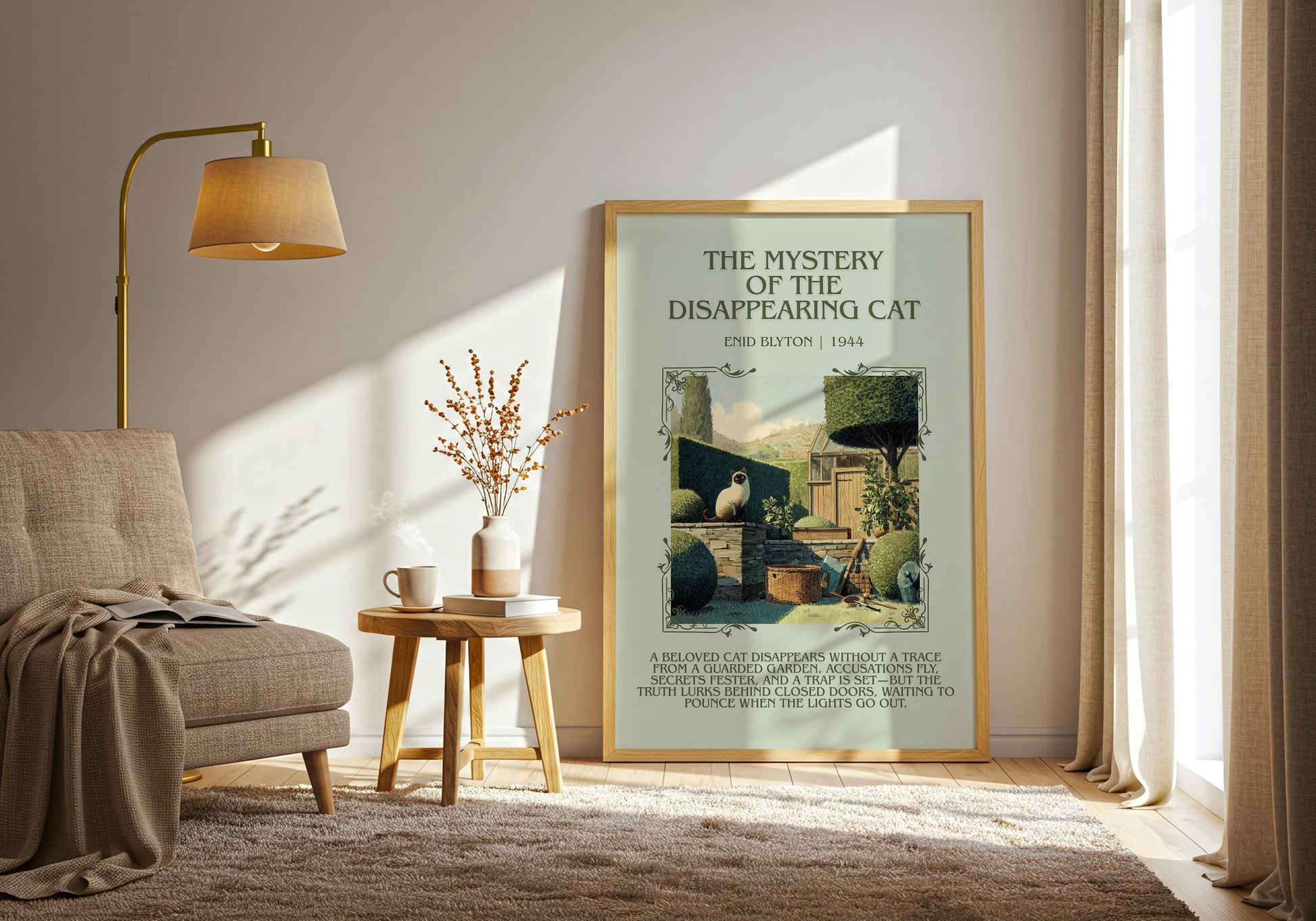 The Mystery Of The Disappearing Cat by Enid Blyton Descriptive, High Quality Poster Print.Free Delivery Wall Art.Author&Blurb Book Nook Gift