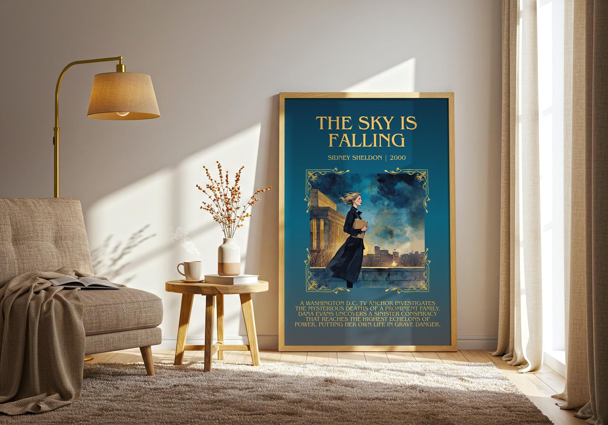 The Sky Is Falling by Sidney Sheldon Descriptive, High Quality Poster Print.Free Delivery Wall Art. Author&Blurb Book Nook Library