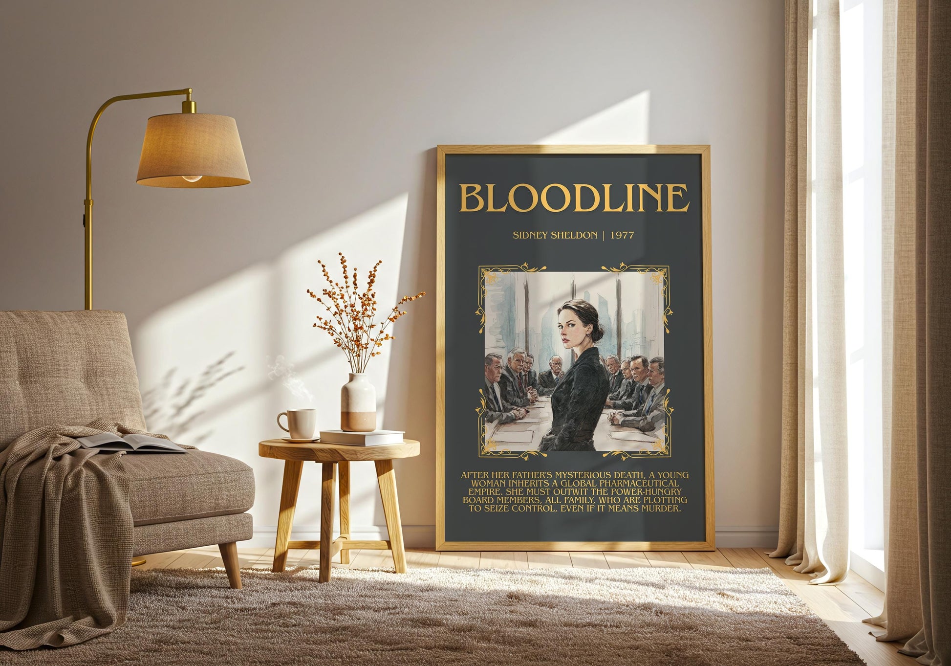 Bloodline by Sidney Sheldon Descriptive, High Quality Poster Print.Free Delivery Wall Art. Author&Blurb Book Nook Library