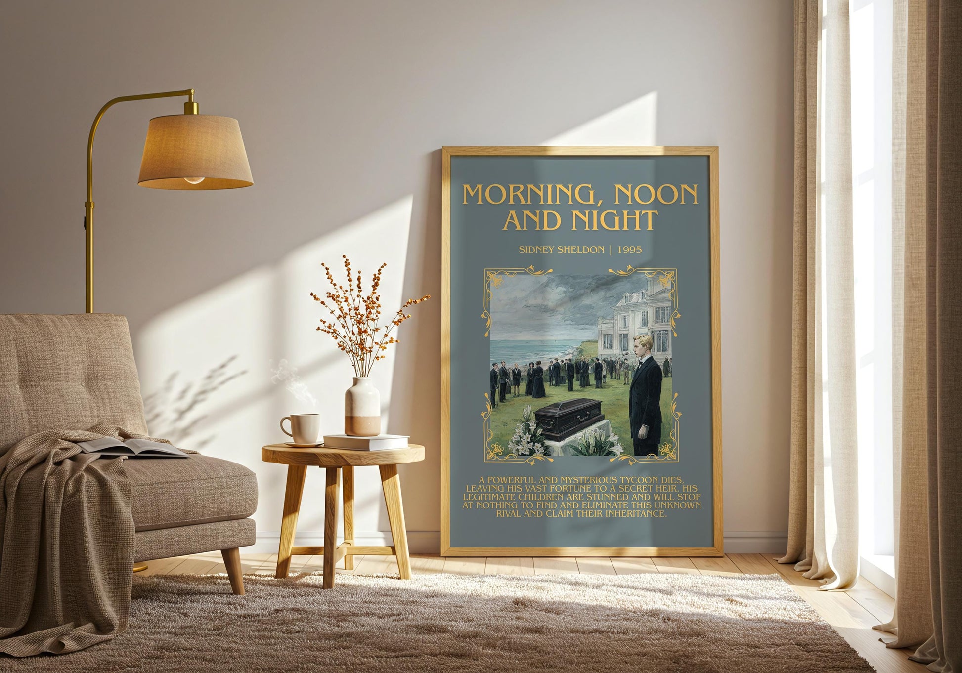 Morning,Noon and Night by Sidney Sheldon Descriptive, High Quality Poster Print.Free Delivery Wall Art. Author&Blurb Book Nook Library