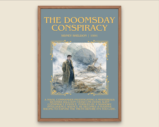 The Doomsday Conspiracy by Sidney Sheldon Descriptive, High Quality Poster Print.Free Delivery Wall Art. Author&Blurb Book Nook Library
