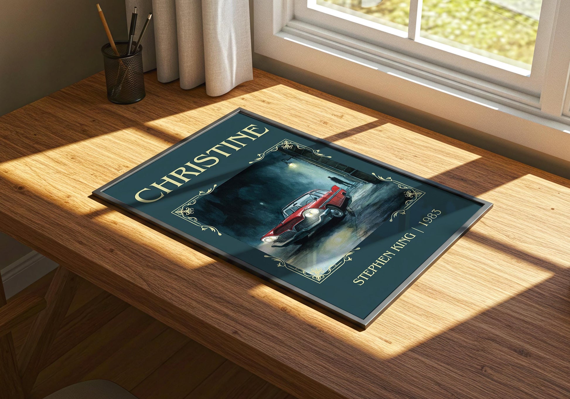 Christine by Stephen King Descriptive, High Quality Poster Print.Free Delivery Wall Art. Author&Blurb Book Nook Library