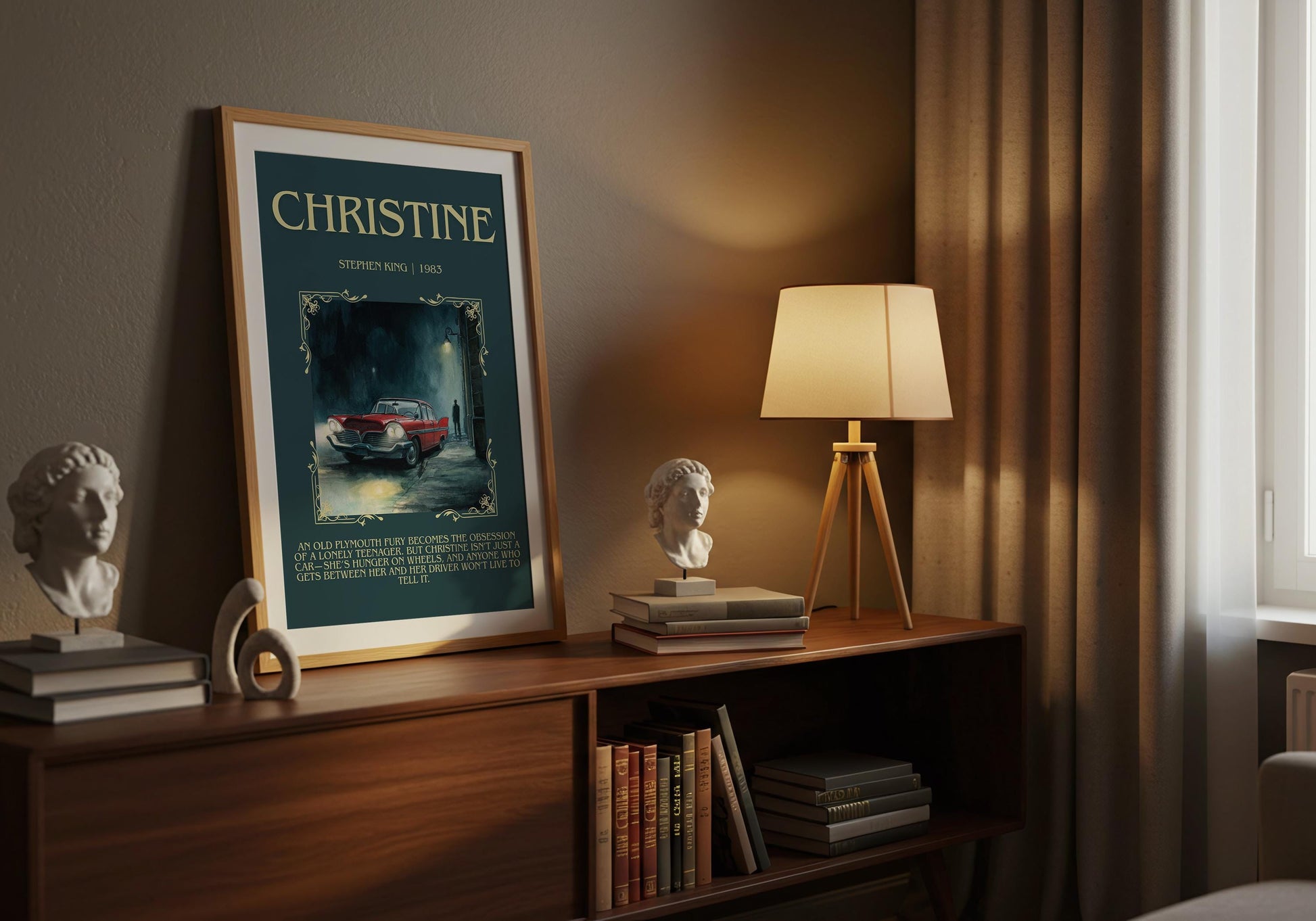 Christine by Stephen King Descriptive, High Quality Poster Print.Free Delivery Wall Art. Author&Blurb Book Nook Library Gift