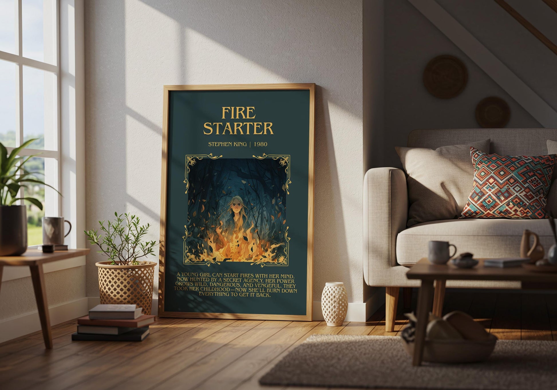 Fire Starter by Stephen King Descriptive, High Quality Poster Print.Free Delivery Wall Art. Author&Blurb Book Nook Library Gift Art